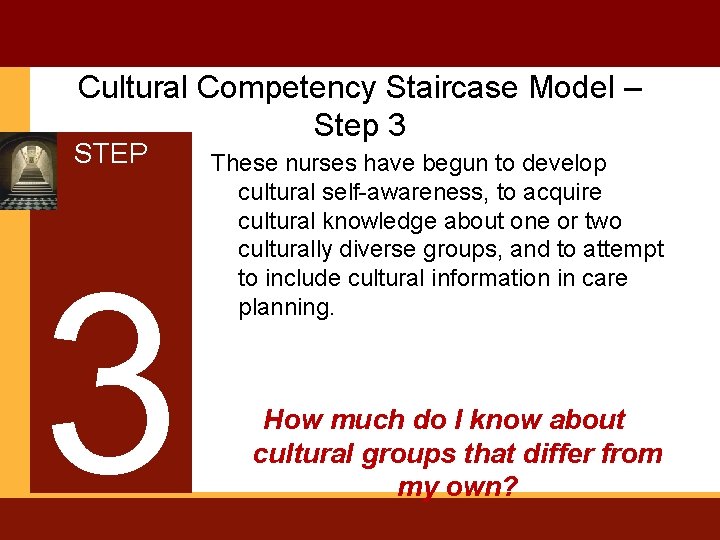 Cultural Competency Staircase Model – Step 3 STEP 3 These nurses have begun to