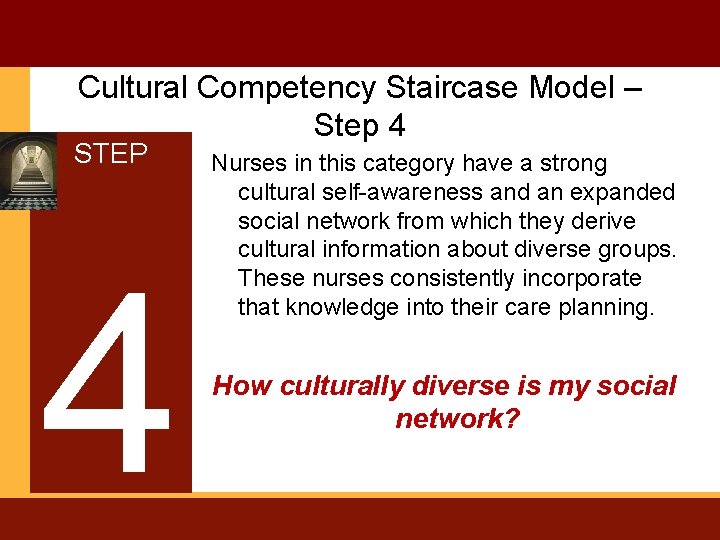 Cultural Competency Staircase Model – Step 4 STEP 4 Nurses in this category have
