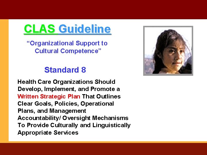 CLAS Guideline “Organizational Support to Cultural Competence” Standard 8 Health Care Organizations Should Develop,
