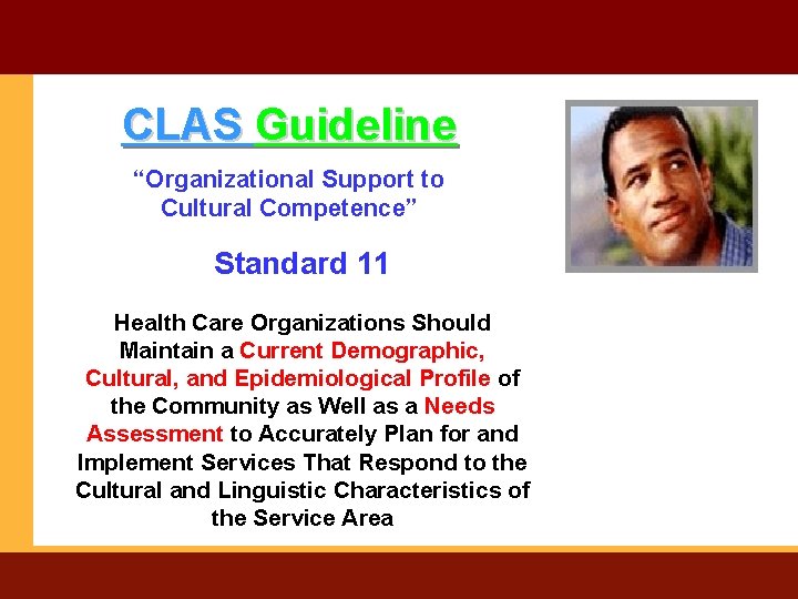 CLAS Guideline “Organizational Support to Cultural Competence” Standard 11 Health Care Organizations Should Maintain