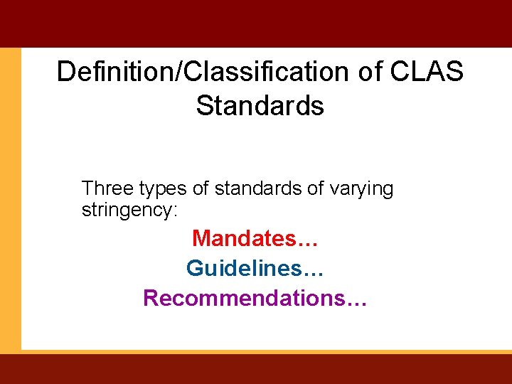 Definition/Classification of CLAS Standards Three types of standards of varying stringency: Mandates… Guidelines… Recommendations…