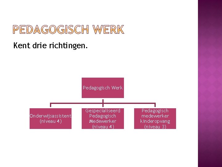 Kent drie richtingen. Pedagogisch Werk Onderwijsassistent (niveau 4) Gespecialiseerd Pedagogisch Medewerker (niveau 4) Pedagogisch