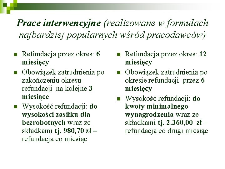 Prace interwencyjne (realizowane w formułach najbardziej popularnych wśród pracodawców) n n n Refundacja przez Prace interwencyjne (realizowane w formułach najbardziej popularnych wśród pracodawców) n n n Refundacja przez
