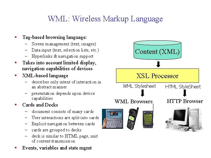 WML: Wireless Markup Language § Tag-based browsing language: – Screen management (text, images) –