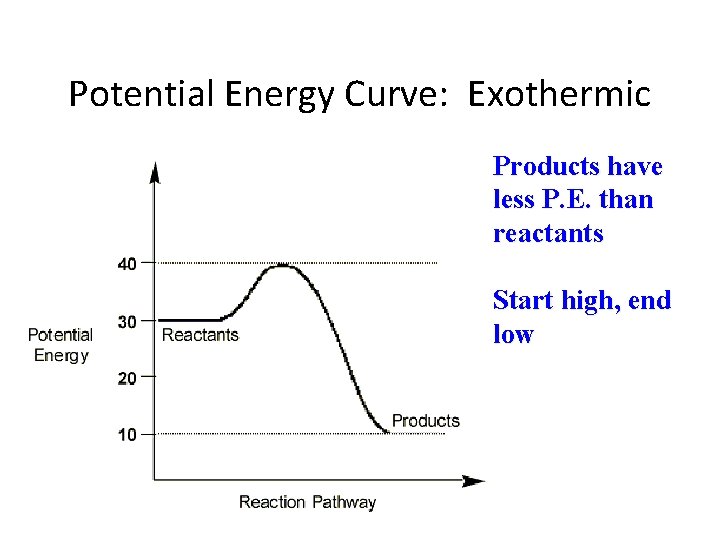 Potential Energy Curve: Exothermic Products have less P. E. than reactants Start high, end