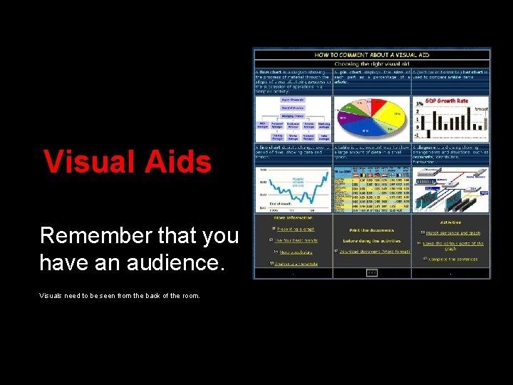 Visual Aids Remember that you have an audience. Visuals need to be seen from