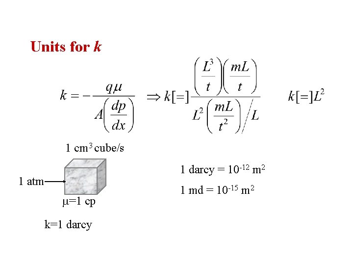 Units for k 1 cm 3 cube/s 1 darcy = 10 -12 m 2