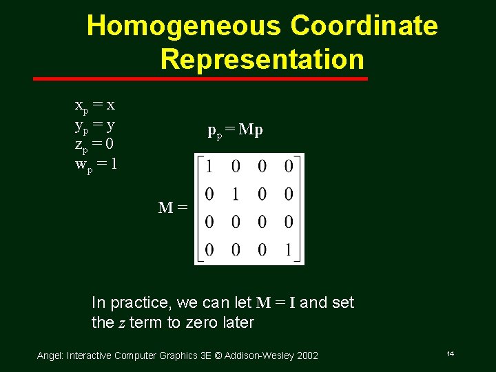 Homogeneous Coordinate Representation xp = x yp = y zp = 0 wp =