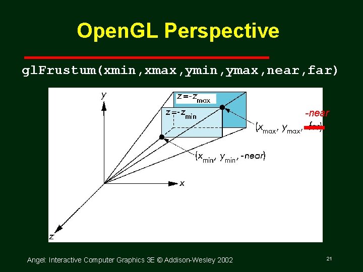 Open. GL Perspective gl. Frustum(xmin, xmax, ymin, ymax, near, far) -near Angel: Interactive Computer