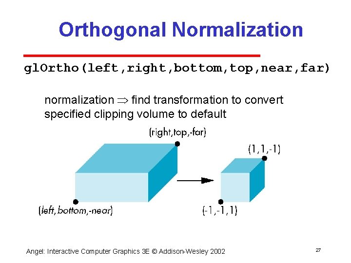 Orthogonal Normalization gl. Ortho(left, right, bottom, top, near, far) normalization find transformation to convert