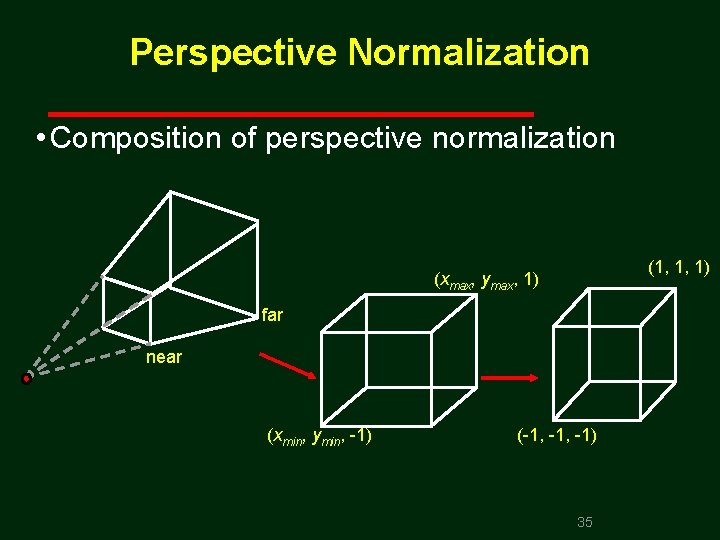 Perspective Normalization • Composition of perspective normalization (1, 1, 1) (xmax, ymax, 1) far