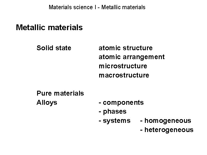 Materials science I - Metallic materials Solid state Pure materials Alloys atomic structure atomic