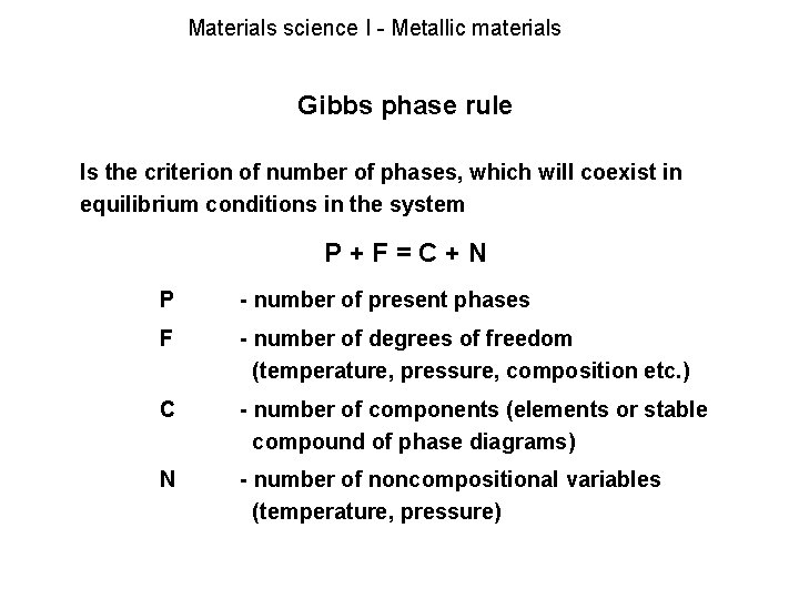 Materials science I - Metallic materials Gibbs phase rule Is the criterion of number