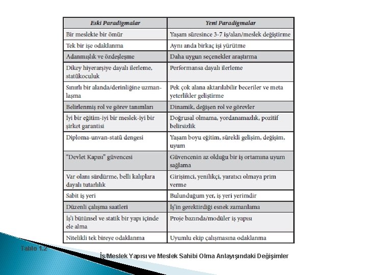 Tablo 1. 2 İş/Meslek Yapısı ve Meslek Sahibi Olma Anlayışındaki Değişimler 