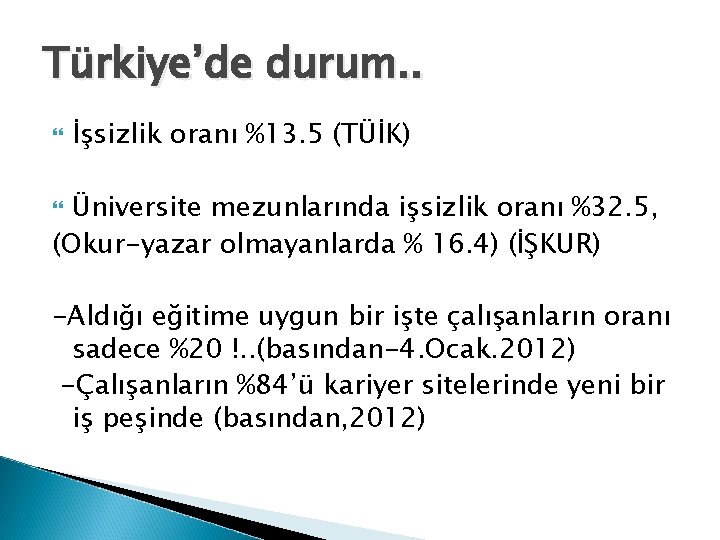 Türkiye’de durum. . İşsizlik oranı %13. 5 (TÜİK) Üniversite mezunlarında işsizlik oranı %32. 5,