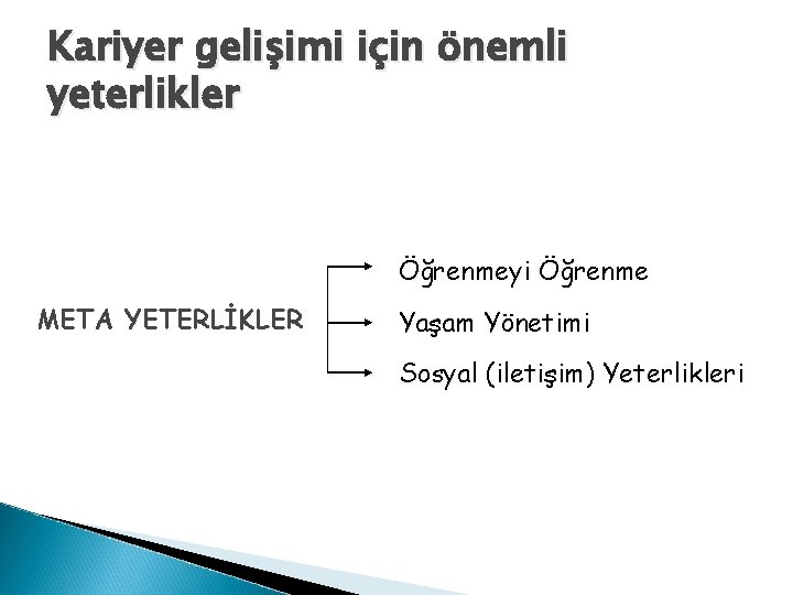 Kariyer gelişimi için önemli yeterlikler Öğrenmeyi Öğrenme META YETERLİKLER Yaşam Yönetimi Sosyal (iletişim) Yeterlikleri