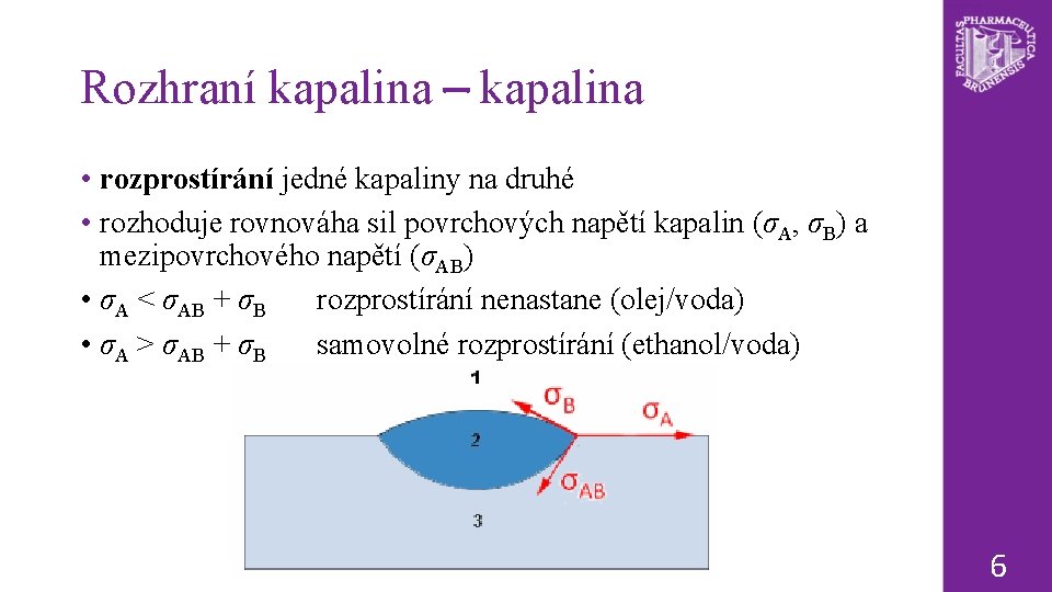 Rozhraní kapalina – kapalina • rozprostírání jedné kapaliny na druhé • rozhoduje rovnováha sil