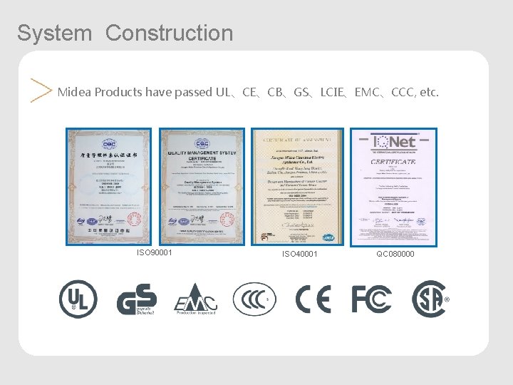 System Construction Midea Products have passed UL、CE、CB、GS、LCIE、EMC、CCC, etc. ISO 90001 ISO 40001 QC 080000