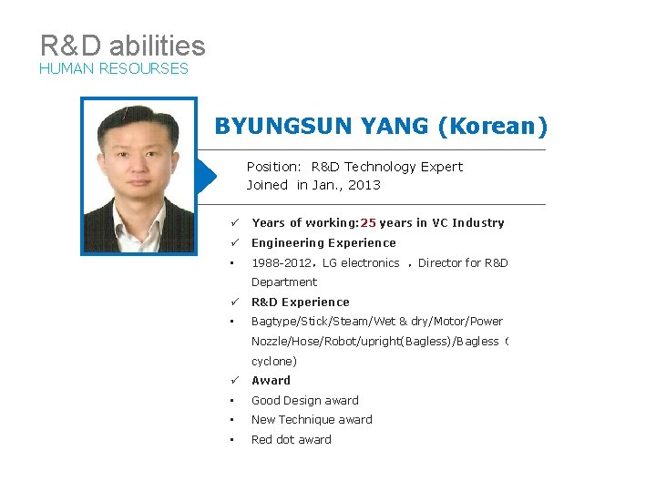 R&D abilities HUMAN RESOURSES BYUNGSUN YANG (Korean) Position: R&D Technology Expert Joined in Jan.