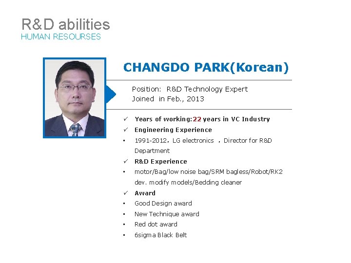 R&D abilities HUMAN RESOURSES CHANGDO PARK(Korean) Position: R&D Technology Expert Joined in Feb. ,