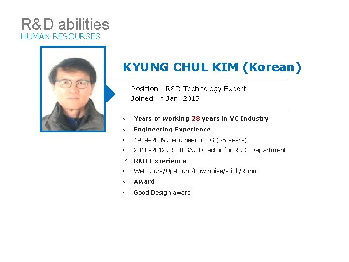 R&D abilities HUMAN RESOURSES KYUNG CHUL KIM (Korean) Position: R&D Technology Expert Joined in