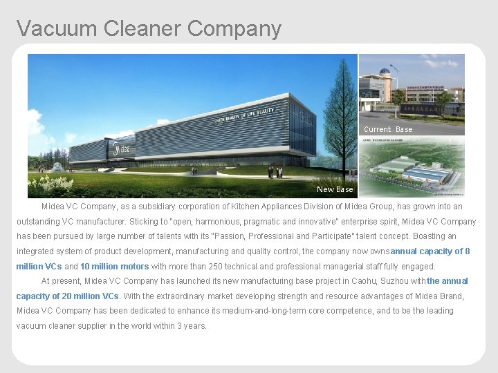 Vacuum Cleaner Company Overview Current Base New Base Midea VC Company, as a subsidiary