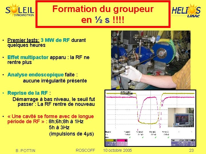 Formation du groupeur en ½ s !!!! • Premier tests: 3 MW de RF