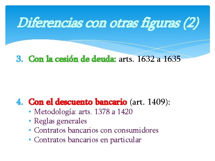 Diferencias con otras figuras (2) 3. Con la cesión de deuda: arts. 1632 a