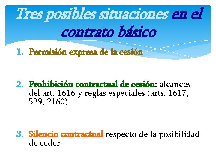Tres posibles situaciones en el contrato básico 1. Permisión expresa de la cesión 2.