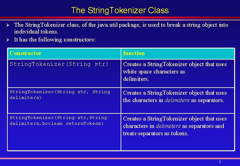 The String. Tokenizer Class Ø Ø The String. Tokenizer class, of the java. util