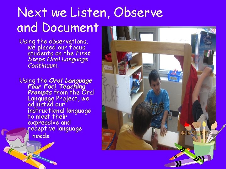 Next we Listen, Observe and Document Using the observations, we placed our focus students