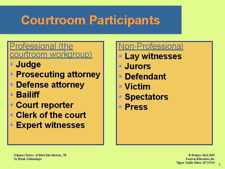 Courtroom Participants Professional (the courtroom workgroup) § Judge § Prosecuting attorney § Defense attorney