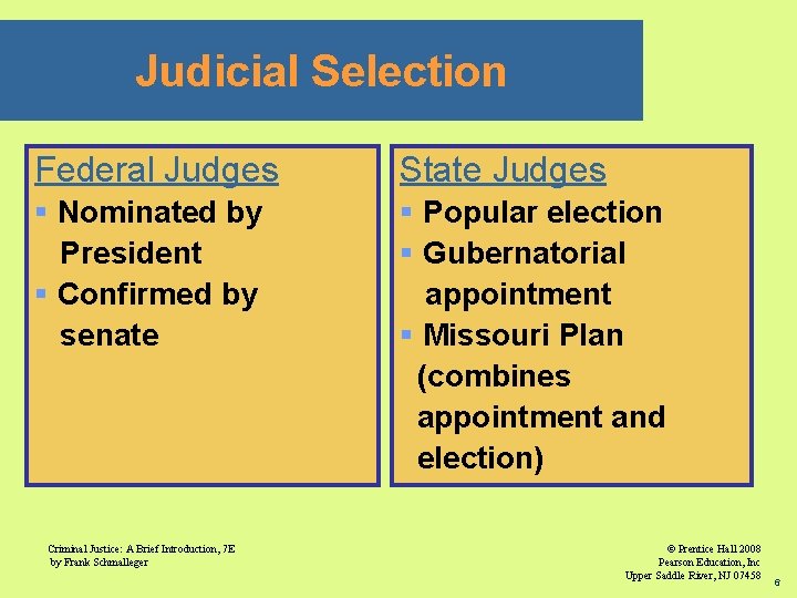 Judicial Selection Federal Judges State Judges § Nominated by President § Confirmed by senate