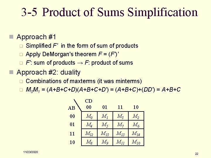 3 -5 Product of Sums Simplification n Approach #1 q q q Simplified F'