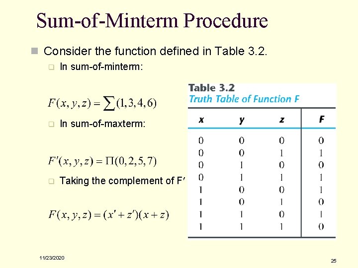 Sum-of-Minterm Procedure n Consider the function defined in Table 3. 2. q In sum-of-minterm:
