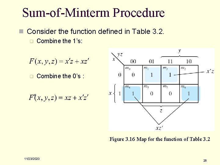 Sum-of-Minterm Procedure n Consider the function defined in Table 3. 2. q Combine the