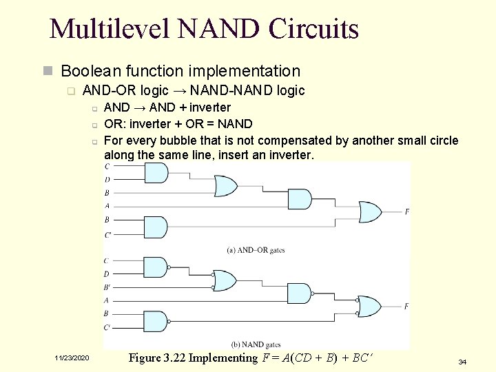 Multilevel NAND Circuits n Boolean function implementation q AND-OR logic → NAND-NAND logic q