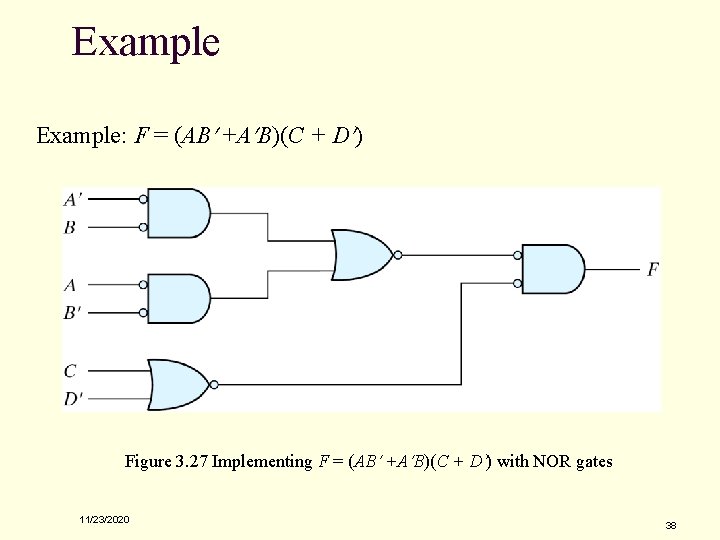 Example: F = (AB +A B)(C + D ) Figure 3. 27 Implementing F