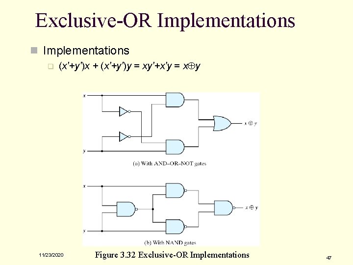 Exclusive-OR Implementations n Implementations q (x'+y')x + (x'+y')y = xy'+x'y = xÅy 11/23/2020 Figure