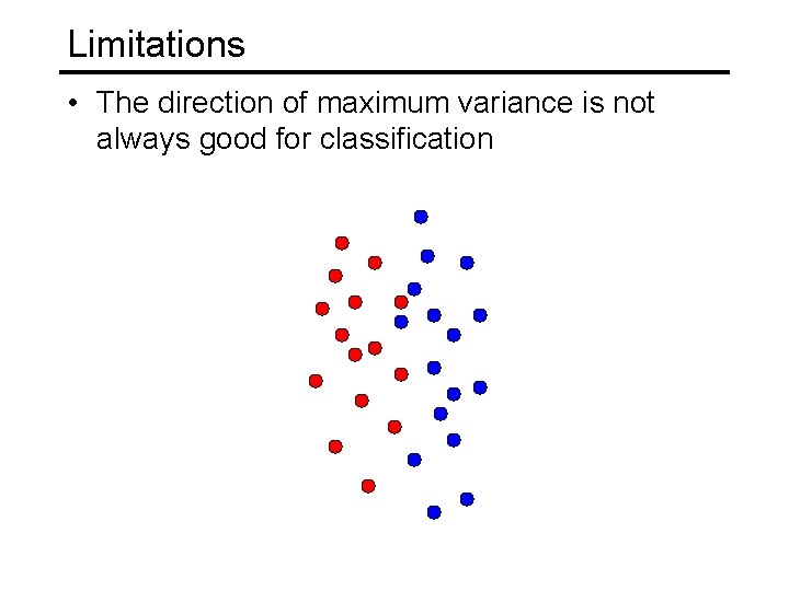 Limitations • The direction of maximum variance is not always good for classification Limitations • The direction of maximum variance is not always good for classification
