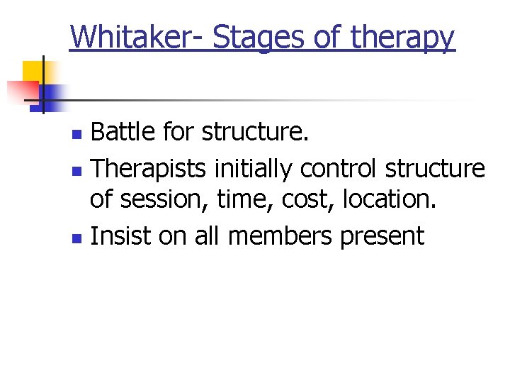 Whitaker- Stages of therapy Battle for structure. n Therapists initially control structure of session,