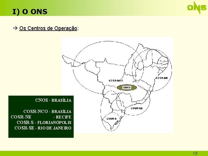 I) O ONS Os Centros de Operação: CNOS - BRASÍLIA COSR-NCO - BRASÍLIA COSR-NE