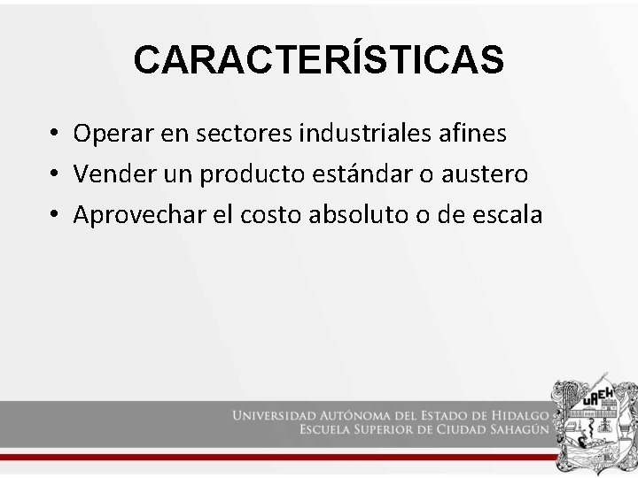 CARACTERÍSTICAS • Operar en sectores industriales afines • Vender un producto estándar o austero