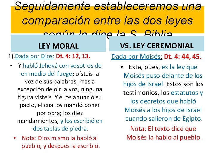 Seguidamente estableceremos una comparación entre las dos leyes según lo dice la S. Biblia Seguidamente estableceremos una comparación entre las dos leyes según lo dice la S. Biblia