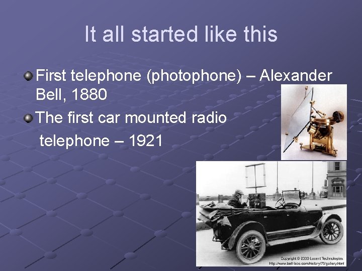 It all started like this First telephone (photophone) – Alexander Bell, 1880 The first