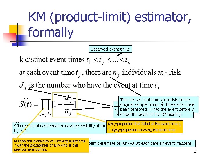 KM (product-limit) estimator, formally Observed event times The risk set nj at time tj