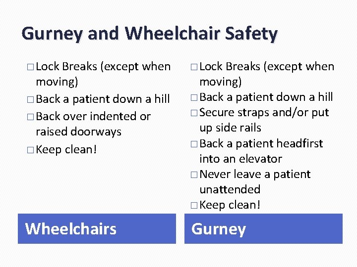 Gurney and Wheelchair Safety � Lock Breaks (except when moving) � Back a patient