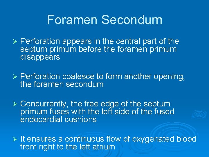 Foramen Secondum Ø Perforation appears in the central part of the septum primum before