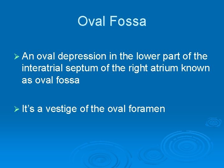 Oval Fossa Ø An oval depression in the lower part of the interatrial septum