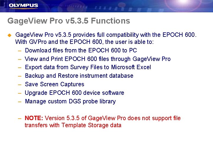 Gage. View Pro v 5. 3. 5 Functions u Gage. View Pro v 5.